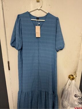 SHEIN Blue Button-Front Midi Dress with Puff Sleeves